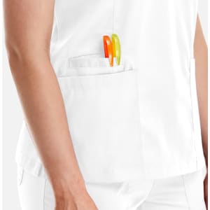 A white women's top with a double V-neck design, featuring orange and green pens in the pocket.