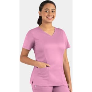 A pink women's double V-neck top with short sleeves and pockets, featuring a logo on the side.
