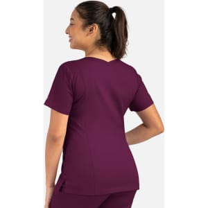 A women's double v-neck top in a rich plum colour, featuring a sleek design and a logo.