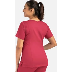 A women's double V-neck top in a rich burgundy colour, featuring short sleeves and a fitted design, with a logo visible.