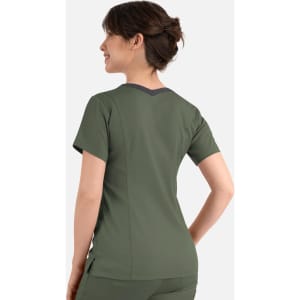 A women's double V-neck top in olive green with a contrasting neckline. The top features short sleeves and a logo.