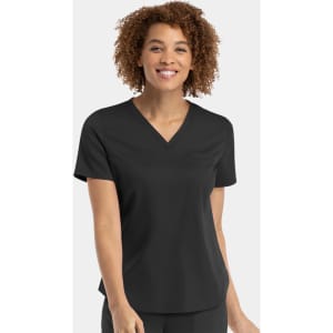 A black V-neck top for women with short sleeves and a relaxed fit, featuring a logo on it.