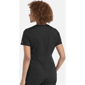 A black women's V-neck top with a tuckable design, featuring a smooth back and short sleeves.