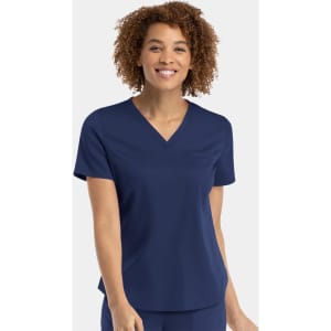 A navy blue women's V-neck top with a relaxed fit, featuring short sleeves and a tuckable design.