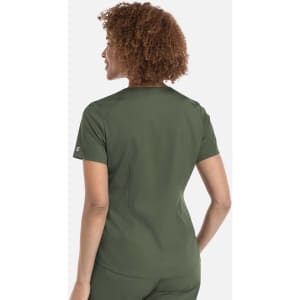 A women's tuckable V-neck top in olive green, featuring a fitted design and a small logo on the sleeve.