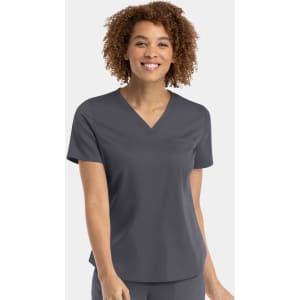 A women's v-neck top in a dark grey colour, featuring a tuckable design and short sleeves. It has a logo.