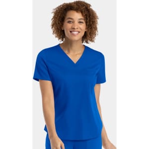 A bright blue women's V-neck top with short sleeves, featuring a slight flare at the hem and a logo.