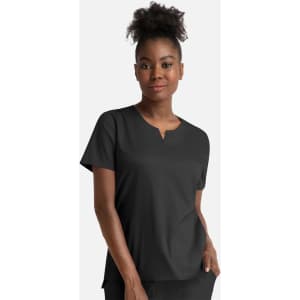 A black women's notched crew neck top, featuring short sleeves and a relaxed fit, with a branding logo.