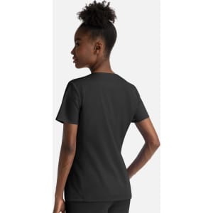 A black women's notched crew neck top displayed from the back, featuring a fitted silhouette.