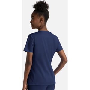 A navy blue women's crew neck top with a notched design and short sleeves, featuring a logo.