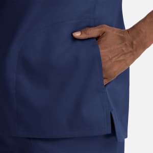 A dark navy blue top featuring a notched crew neck and a side pocket.