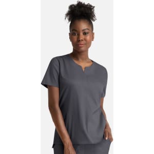 A women's notched crew neck top in dark grey, featuring a relaxed fit and subtle branding.