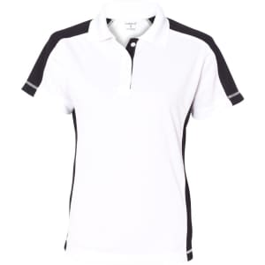 A white polo shirt featuring black side panels and a collar, with a logo on the chest.