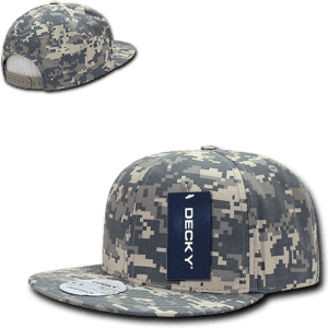 A snapback cap featuring a camouflage design in shades of grey and beige, with a logo on the front.