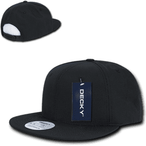A black structured snapback cap featuring a front panel and a back adjuster. The cap has a logo tag attached.