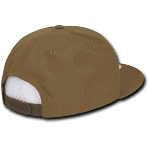 A high profile structured snapback cap in brown with a rear snap closure and a logo.