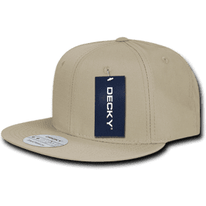 A beige high-profile structured snapback cap with a branding tag and a flat brim.
