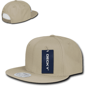 A beige high-profile structured snapback cap with a branding tag and adjustable snap closure at the back.