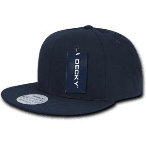 A navy blue 6 Panel High Profile Structured Snapback hat with a branded tag.