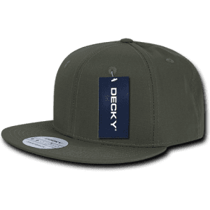 A high-profile structured snapback cap in olive green with a tag and a logo.