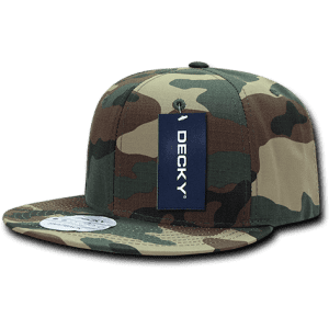 A structured snapback cap in a camouflage pattern with a tag featuring a logo.