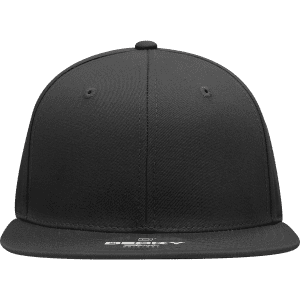 A black six-panel high profile structured snapback cap featuring a logo.