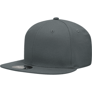 A grey snapback cap made from a cotton/poly blend, featuring a logo and a flat brim.