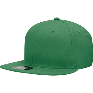 A green 6 panel high profile structured snapback cap featuring a plain design and a logo on the side.