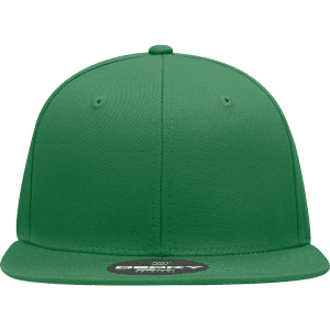 A green 6 panel high profile structured snapback hat with ventilation holes and a flat brim, featuring a logo.