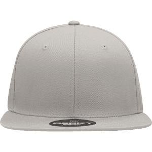 A grey 6-panel high profile structured snapback cap featuring a flat brim and a button on top.