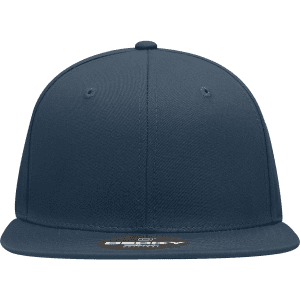 A navy blue 6-panel high profile structured snapback cap featuring a logo on the front.