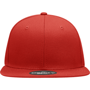 A red structured snapback cap featuring a high profile and a logo on the front.