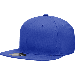 A blue 6 panel high profile structured snapback cap with a flat brim and a logo on the side.