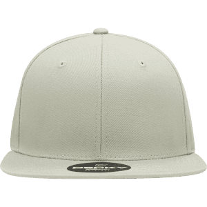 A structured snapback hat in a light grey colour, featuring a rounded crown and a flat brim, with a logo on the label.