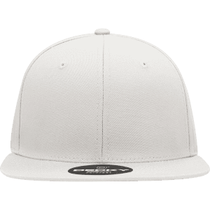 A white 6 Panel High Profile Structured Snapback cap with a flat brim and a logo on the side.