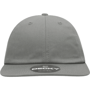 A grey 6 panel high profile relaxed snapback hat with a branded logo on the front.