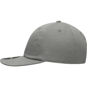A grey 6 panel high profile relaxed snapback cap with a curved brim and a logo on the side.