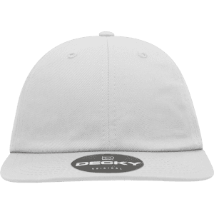 A white 6 panel high profile relaxed snapback hat with a round brim and a branded label on the front.