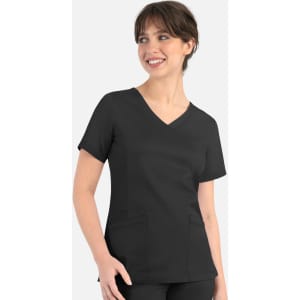 A black women's curved mock wrap top with short sleeves and two front pockets, featuring a logo.