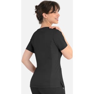 A black women's curved mock wrap top featuring short sleeves and a fitted design, with a logo on the back.