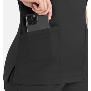A black women's curved mock wrap top with a pocket displaying a smartphone.