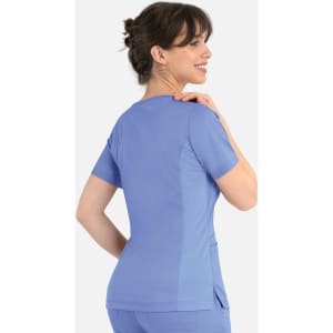 A curved mock wrap top in light blue, featuring short sleeves and a fitted design, with a logo on the garment.