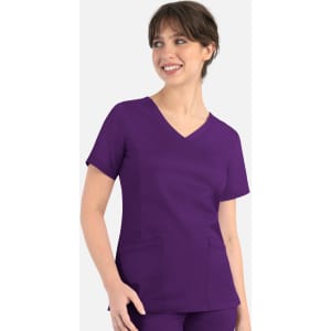 A women's curved mock wrap top in a rich purple colour, featuring short sleeves and two front pockets.