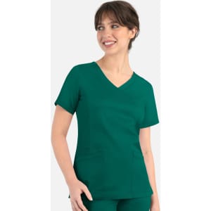 A green women's curved mock wrap top with short sleeves and pockets, displayed on a model.