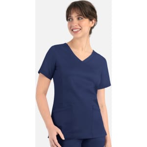 A navy blue women's curved mock wrap top with a V-neck and two front pockets. It features a subtle logo.