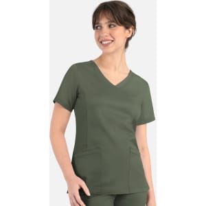 A mock wrap top in dark green with short sleeves and two front pockets. It features a logo on the side.