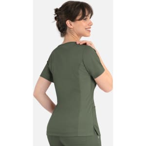 A women's curved mock wrap top in dark green, featuring short sleeves and a fitted design, with a branding logo.