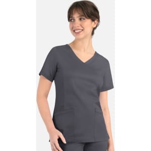 A women's curved mock wrap top in dark grey with short sleeves and two front pockets. Features a logo.