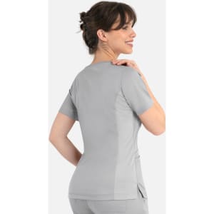 A women's curved mock wrap top in grey, featuring short sleeves and a fitted design, displayed from the back.