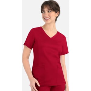 A red women's curved mock wrap top featuring short sleeves and two front pockets, with a logo present.